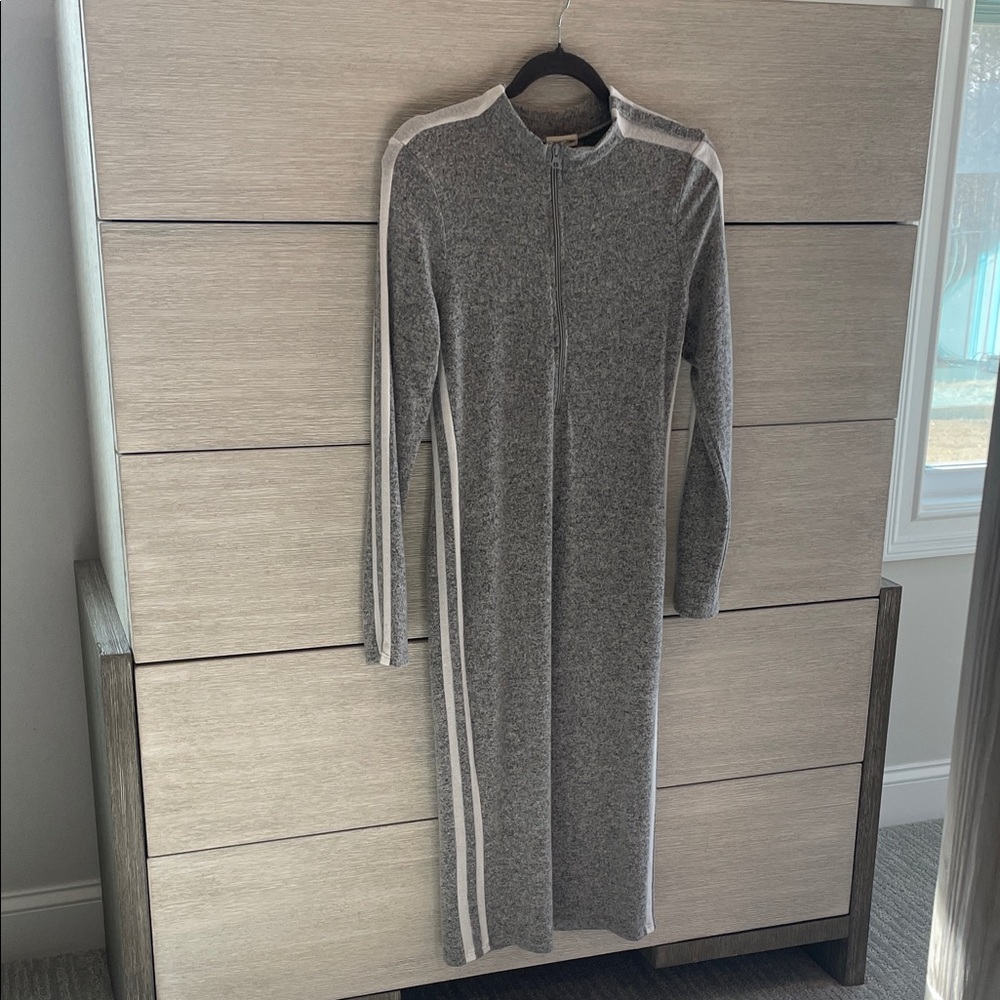 Athletic Maxi Dress - Grey & White Long Sleeve Zip Front